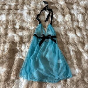 Blue Sheer Halter Dress with Black Ribbon
